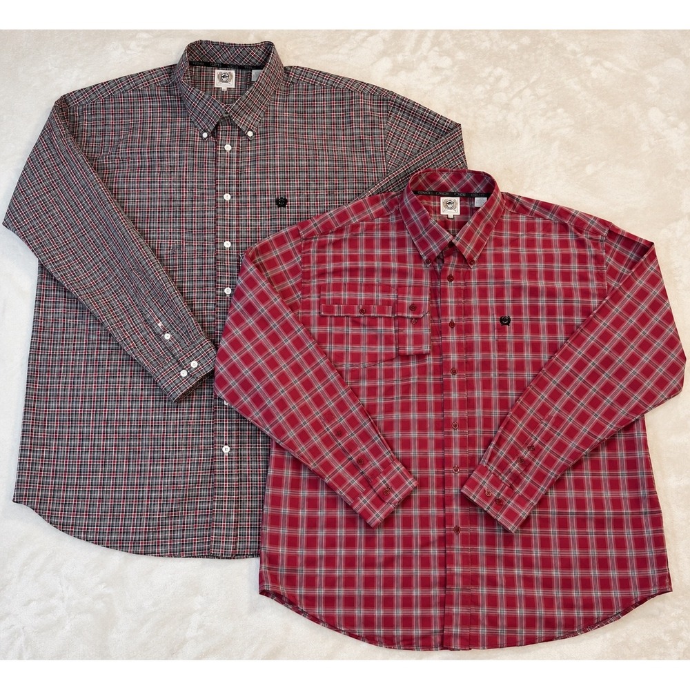 Lot of 2 Cinch Mens XXL Long Sleeve Plaid Button Down Western Shirts Red Grey